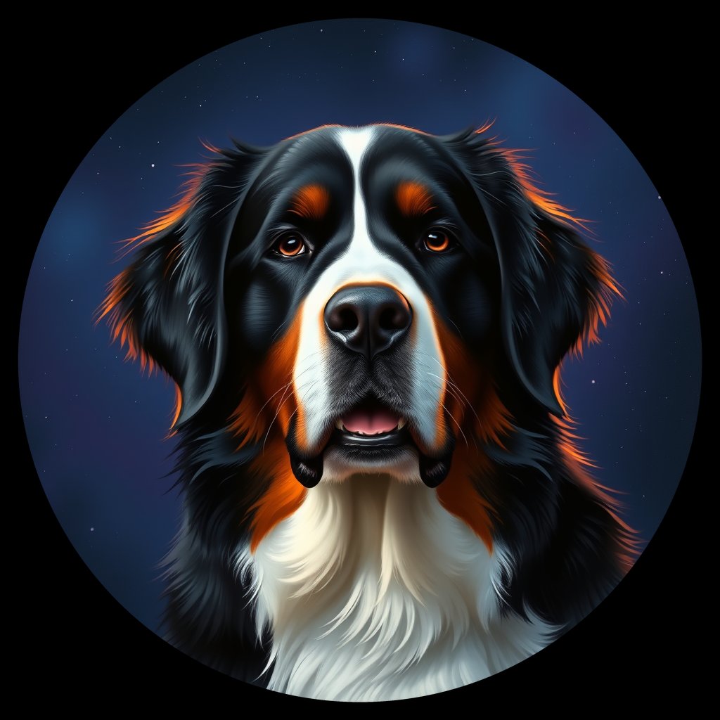 Cosmic medallion portrait of Bernese_Mountain_Dog_4236, a Bernese Mountain Dog