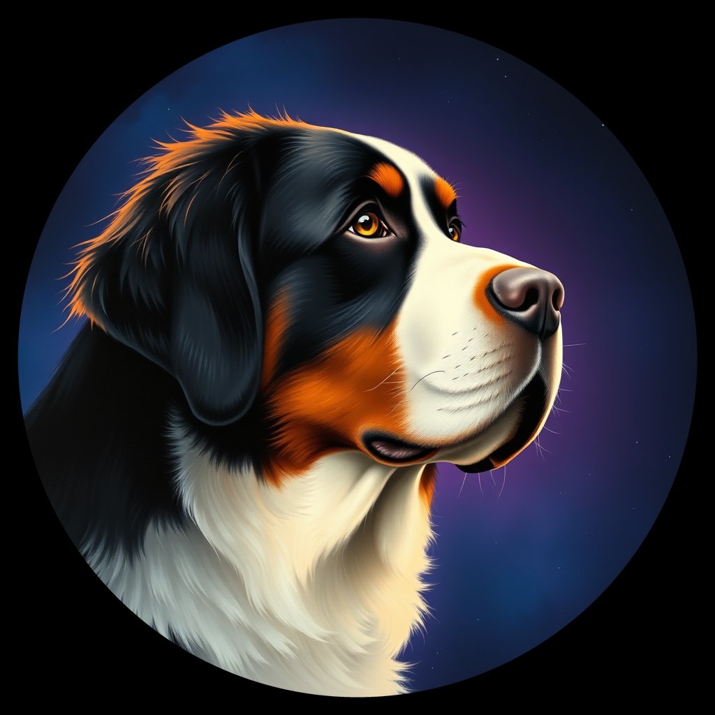 Cosmic medallion portrait of Bernese_Mountain_Dog_4262, a Bernese Mountain Dog