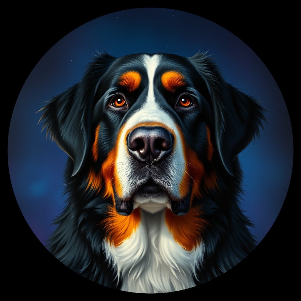 Cosmic medallion portrait of Bernese_Mountain_Dog_4268, a Bernese Mountain Dog
