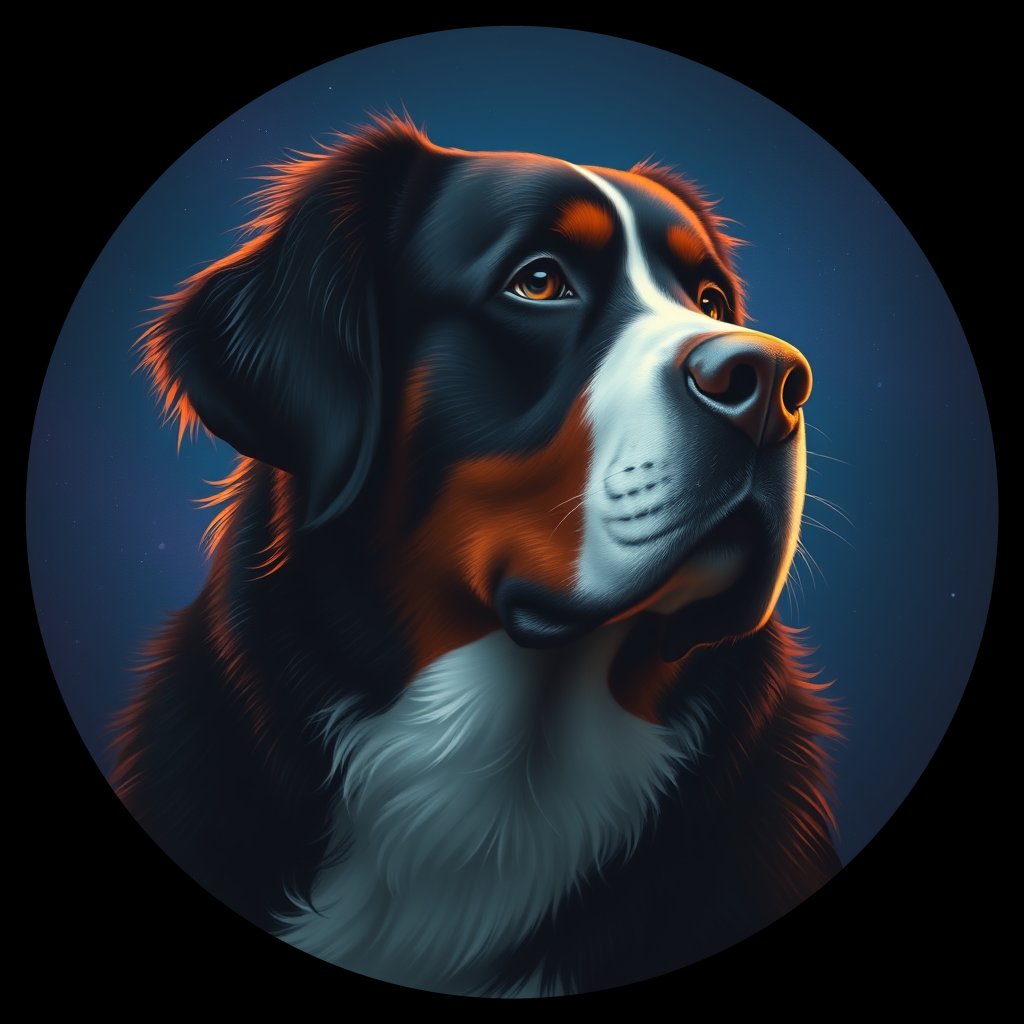 Cosmic medallion portrait of Bernese_Mountain_Dog_4274, a Bernese Mountain Dog
