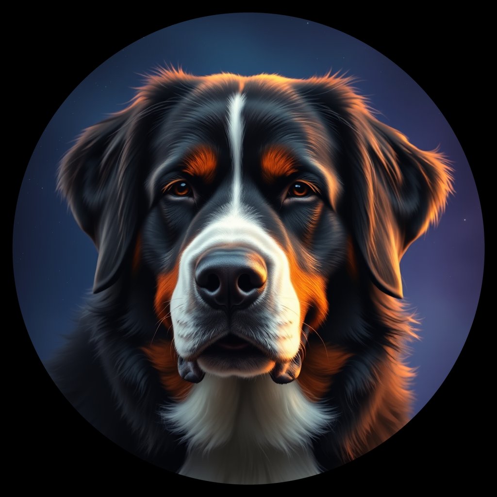 Cosmic medallion portrait of Bernese_Mountain_Dog_4381, a Bernese Mountain Dog