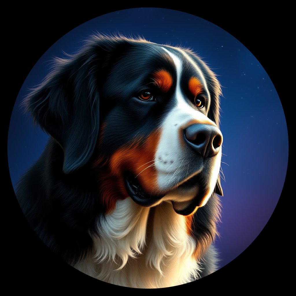 Cosmic medallion portrait of Bernese_Mountain_Dog_4417, a Bernese Mountain Dog