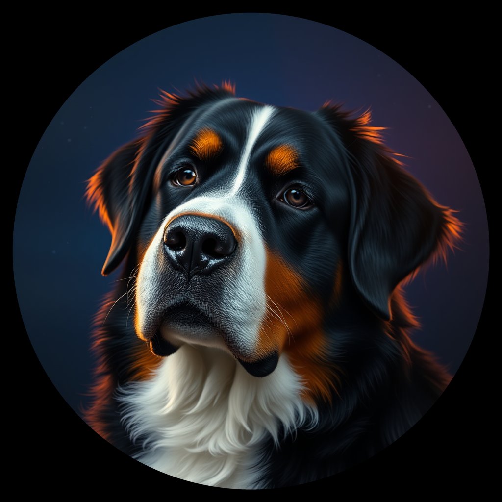 Cosmic medallion portrait of Bernese_Mountain_Dog_4539, a Bernese Mountain Dog