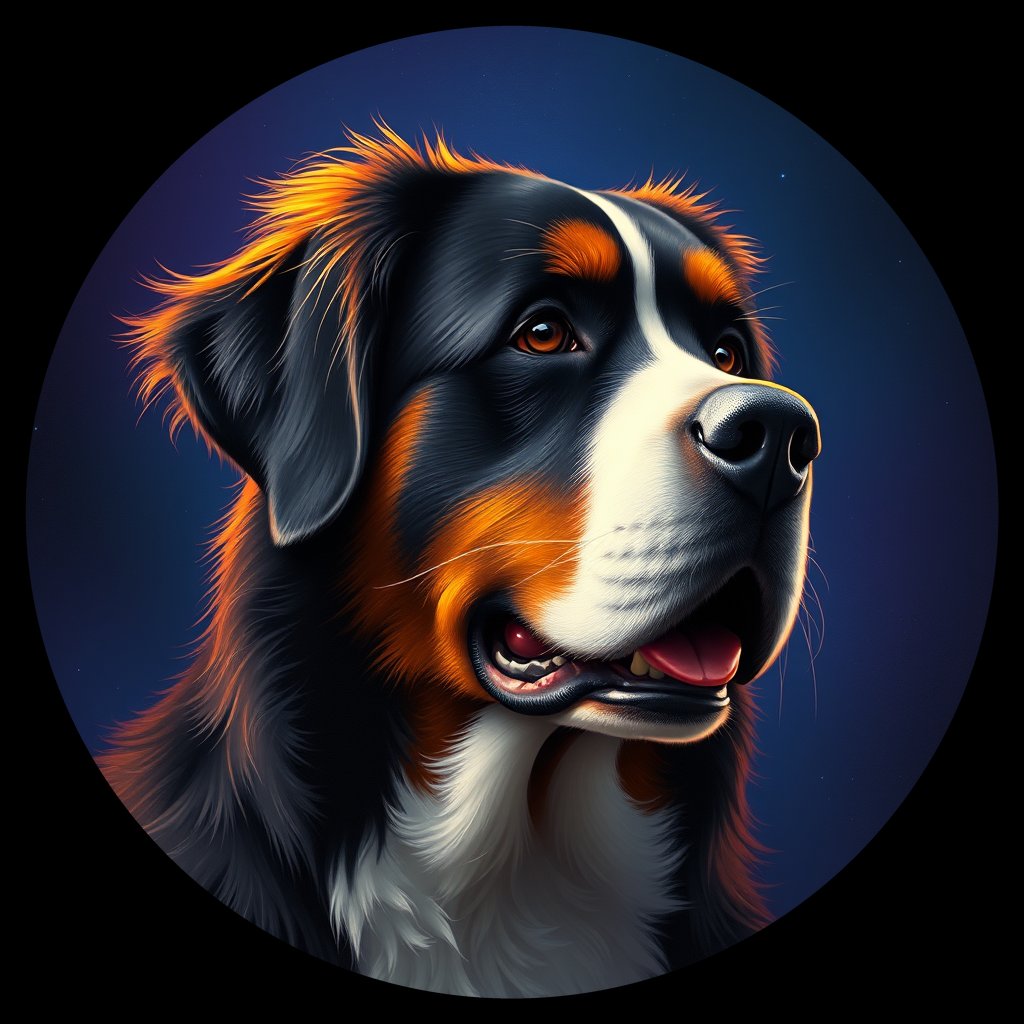 Cosmic medallion portrait of Bernese_Mountain_Dog_4641, a Bernese Mountain Dog