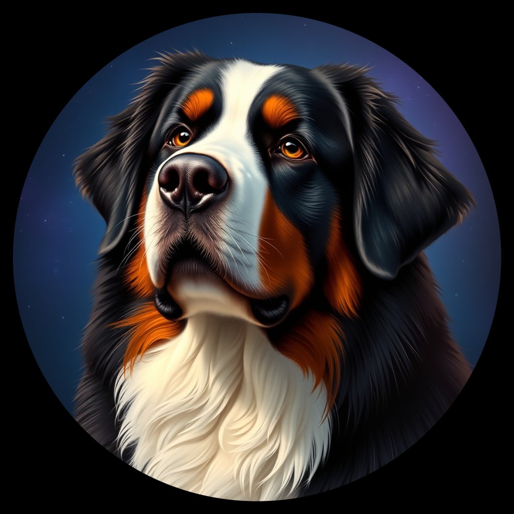 Cosmic medallion portrait of Bernese_Mountain_Dog_5184, a Bernese Mountain Dog