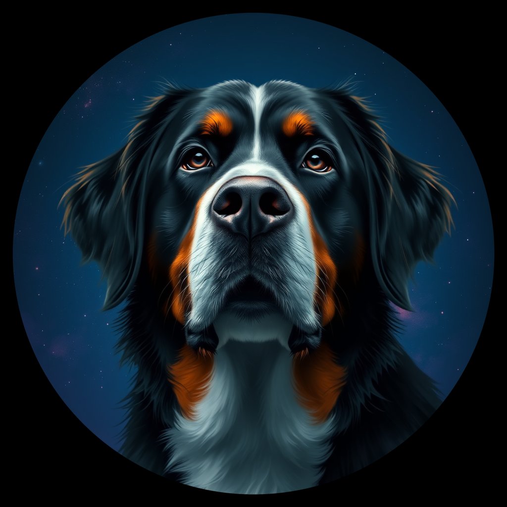 Cosmic medallion portrait of Bernese_Mountain_Dog_5206, a Bernese Mountain Dog