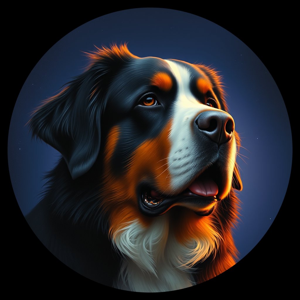 Cosmic medallion portrait of Bernese_Mountain_Dog_5472, a Bernese Mountain Dog
