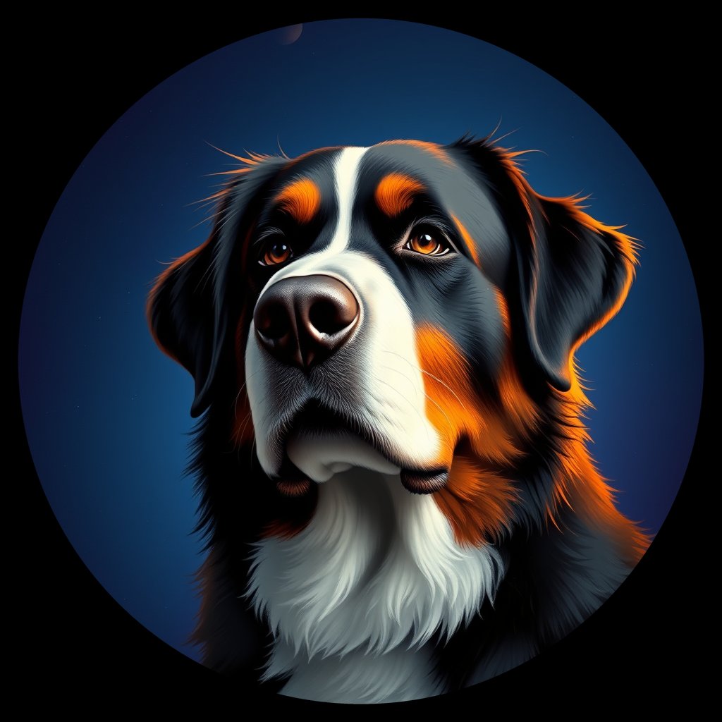 Cosmic medallion portrait of Bernese_Mountain_Dog_5783, a Bernese Mountain Dog