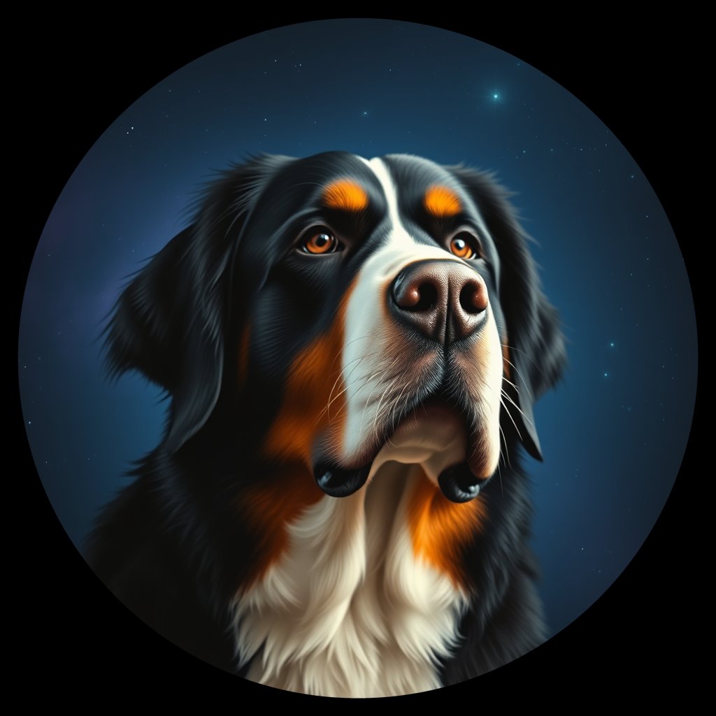 Cosmic medallion portrait of Bernese_Mountain_Dog_5949, a Bernese Mountain Dog