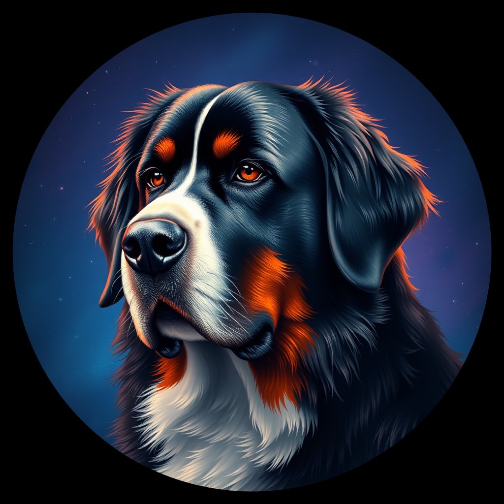 Cosmic medallion portrait of Bernese_Mountain_Dog_6373, a Bernese Mountain Dog