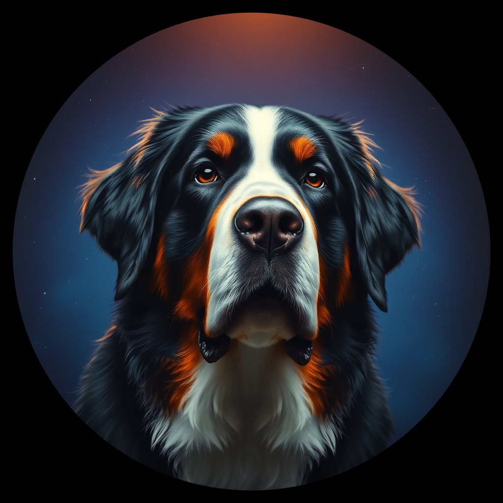 Cosmic medallion portrait of Bernese_Mountain_Dog_6396, a Bernese Mountain Dog