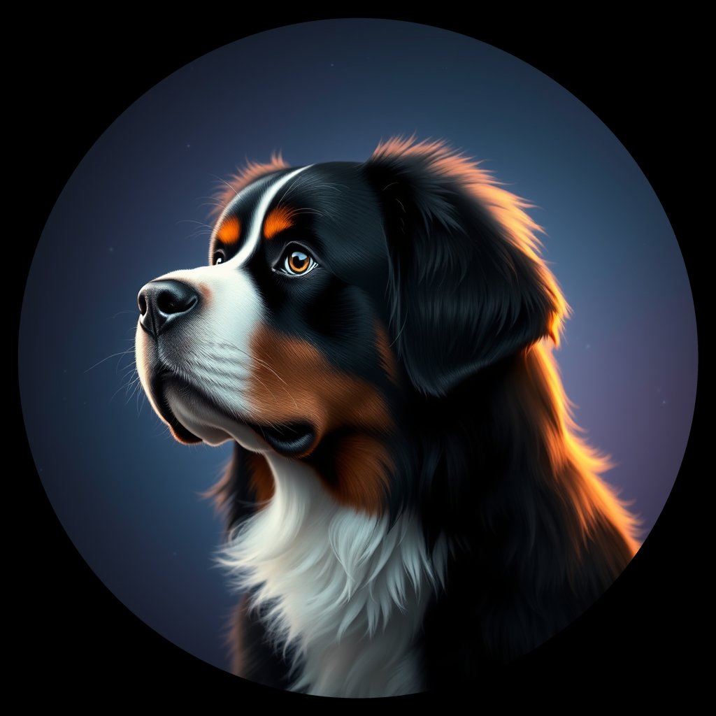Cosmic medallion portrait of Bernese_Mountain_Dog_6450, a Bernese Mountain Dog