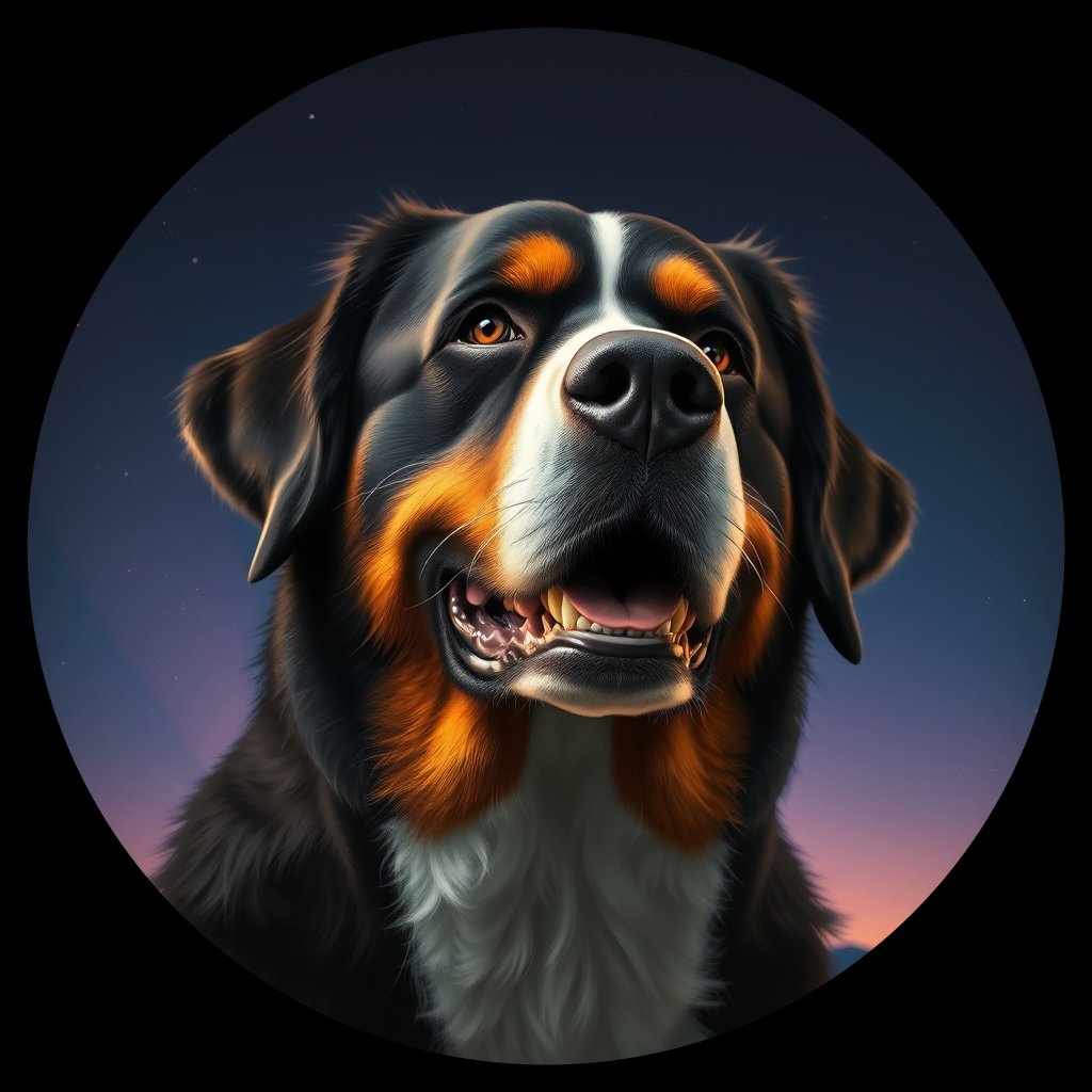 Cosmic medallion portrait of Bernese_Mountain_Dog_6550, a Bernese Mountain Dog