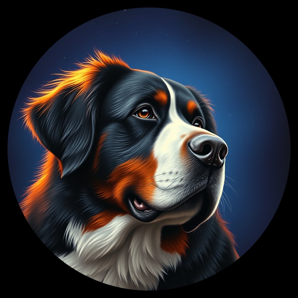Cosmic medallion portrait of Bernese_Mountain_Dog_6736, a Bernese Mountain Dog
