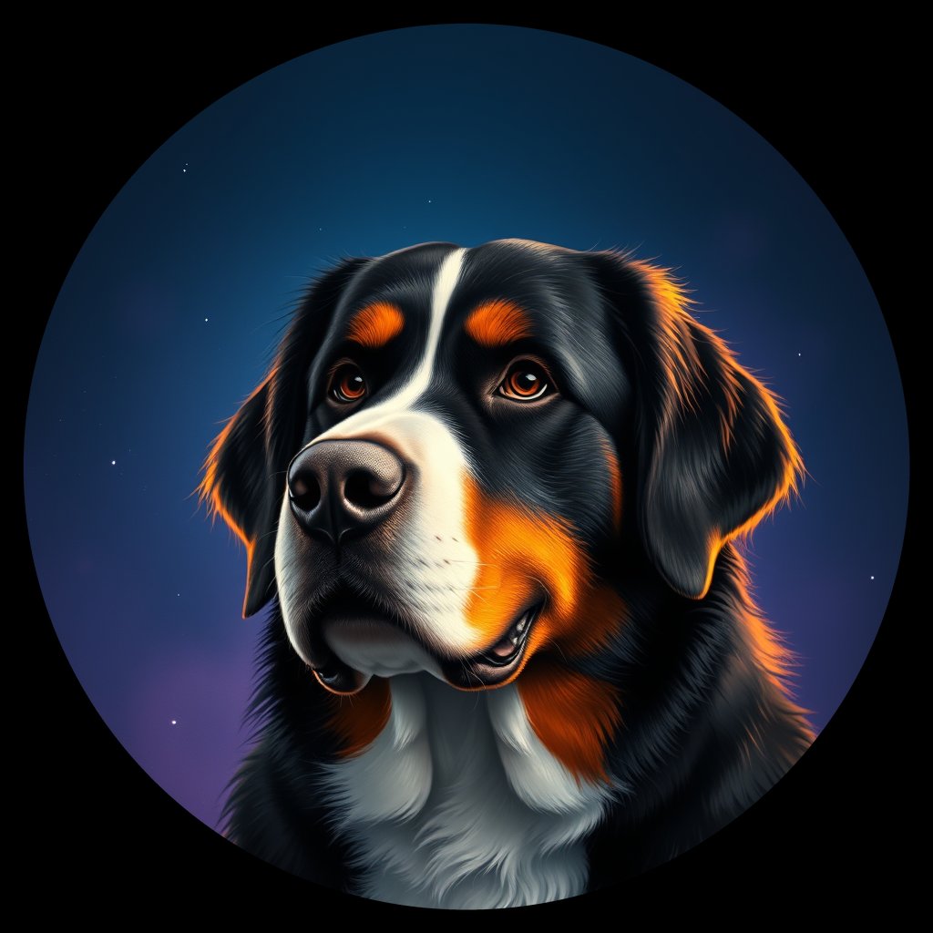 Cosmic medallion portrait of Bernese_Mountain_Dog_6742, a Bernese Mountain Dog