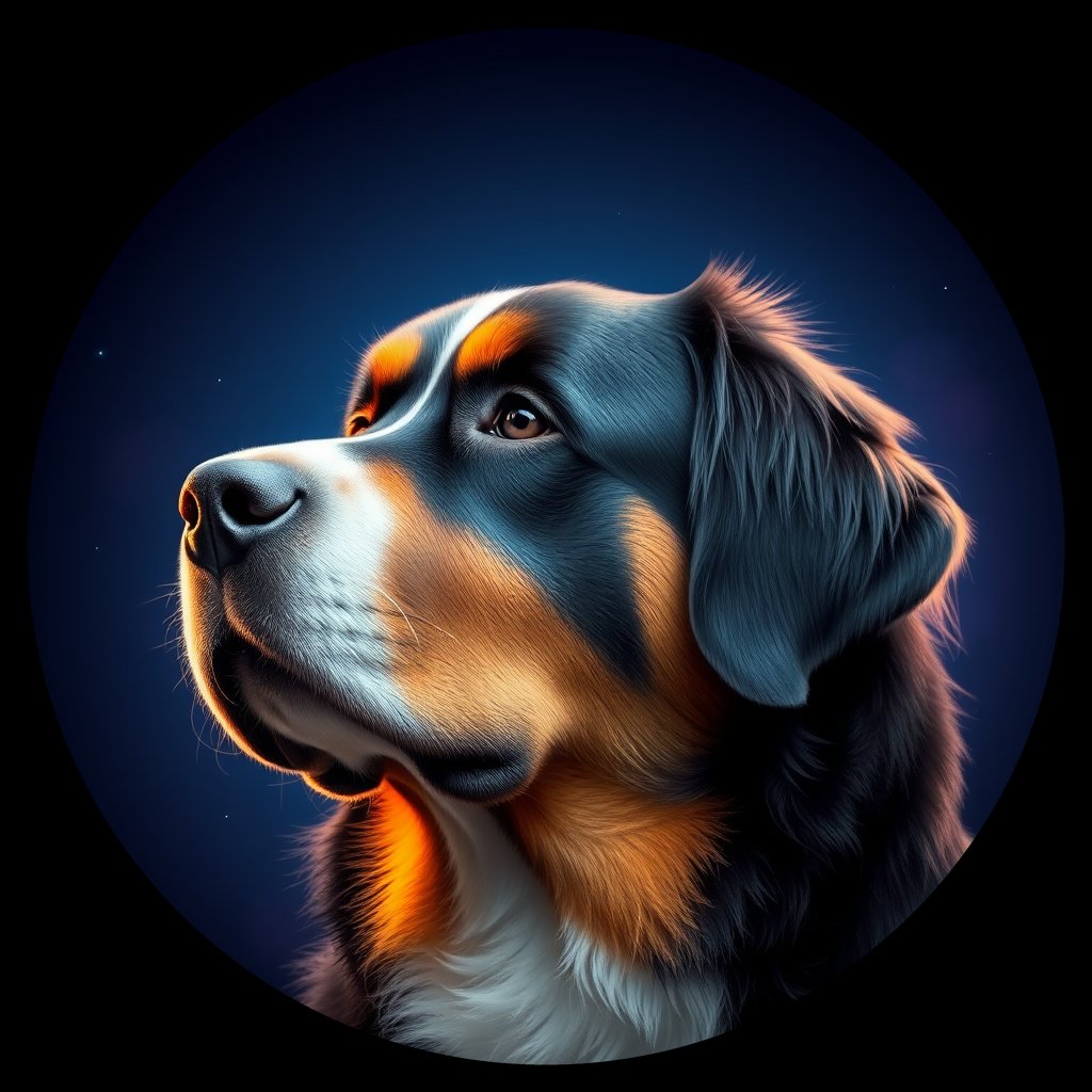 Cosmic medallion portrait of Bernese_Mountain_Dog_6774, a Bernese Mountain Dog