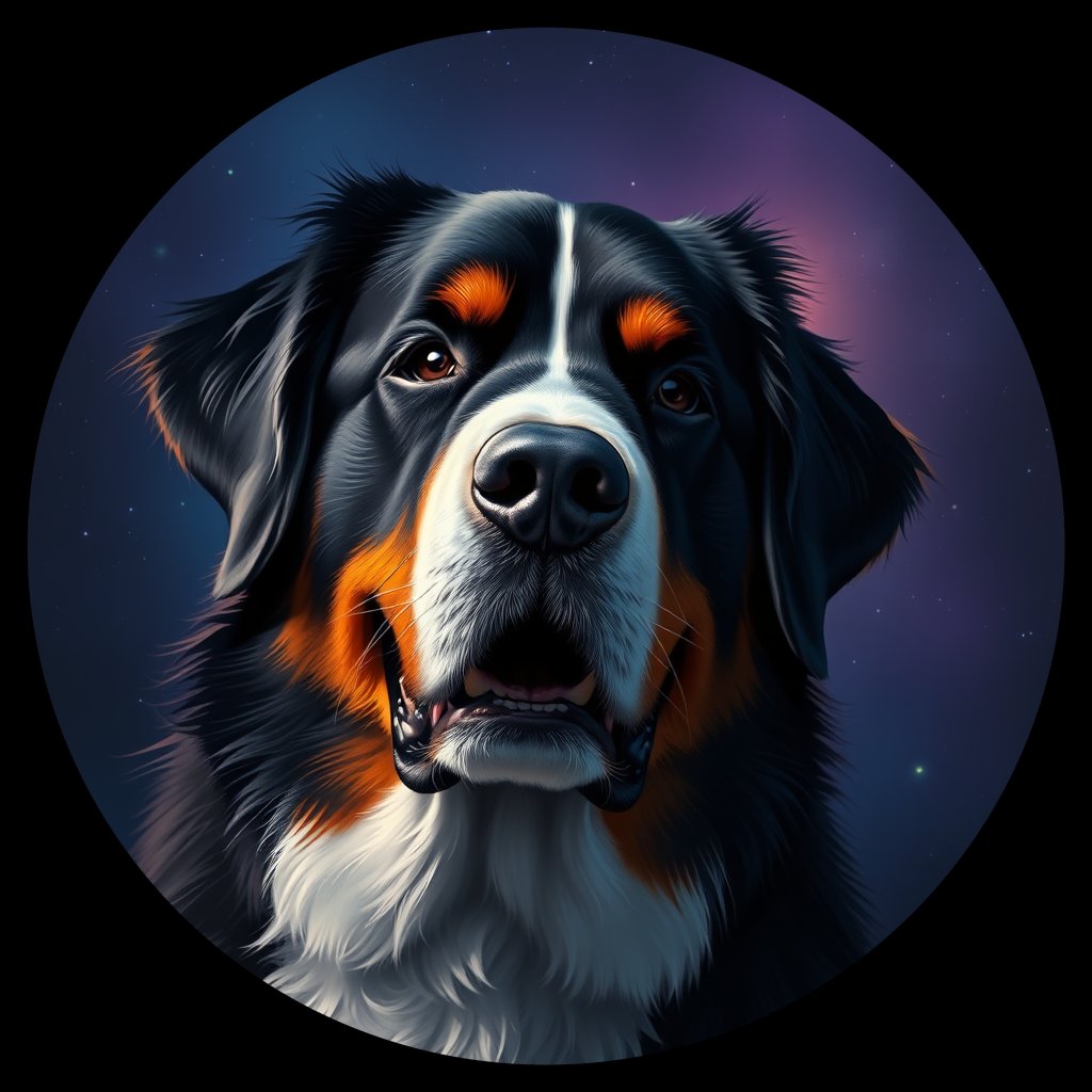 Cosmic medallion portrait of Bernese_Mountain_Dog_6796, a Bernese Mountain Dog