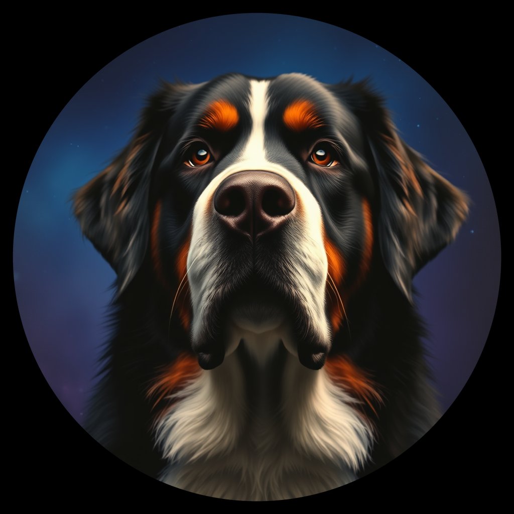 Cosmic medallion portrait of Bernese_Mountain_Dog_6821, a Bernese Mountain Dog
