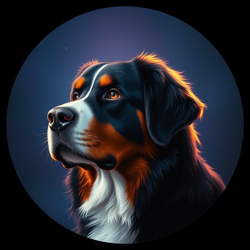 Cosmic medallion portrait of Bernese_Mountain_Dog_6907, a Bernese Mountain Dog