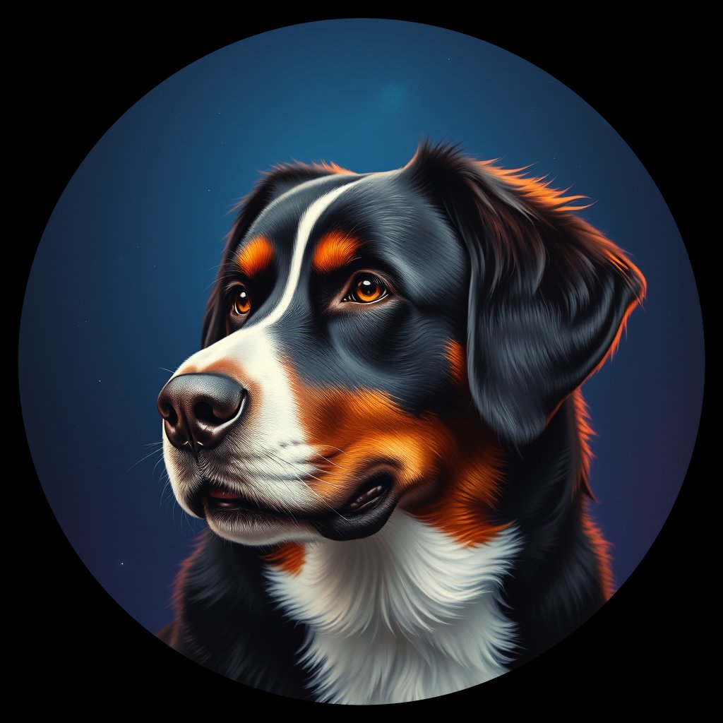 Cosmic medallion portrait of Bernese_Mountain_Dog_7085, a Bernese Mountain Dog
