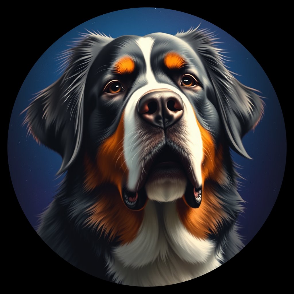 Cosmic medallion portrait of Bernese_Mountain_Dog_7414, a Bernese Mountain Dog