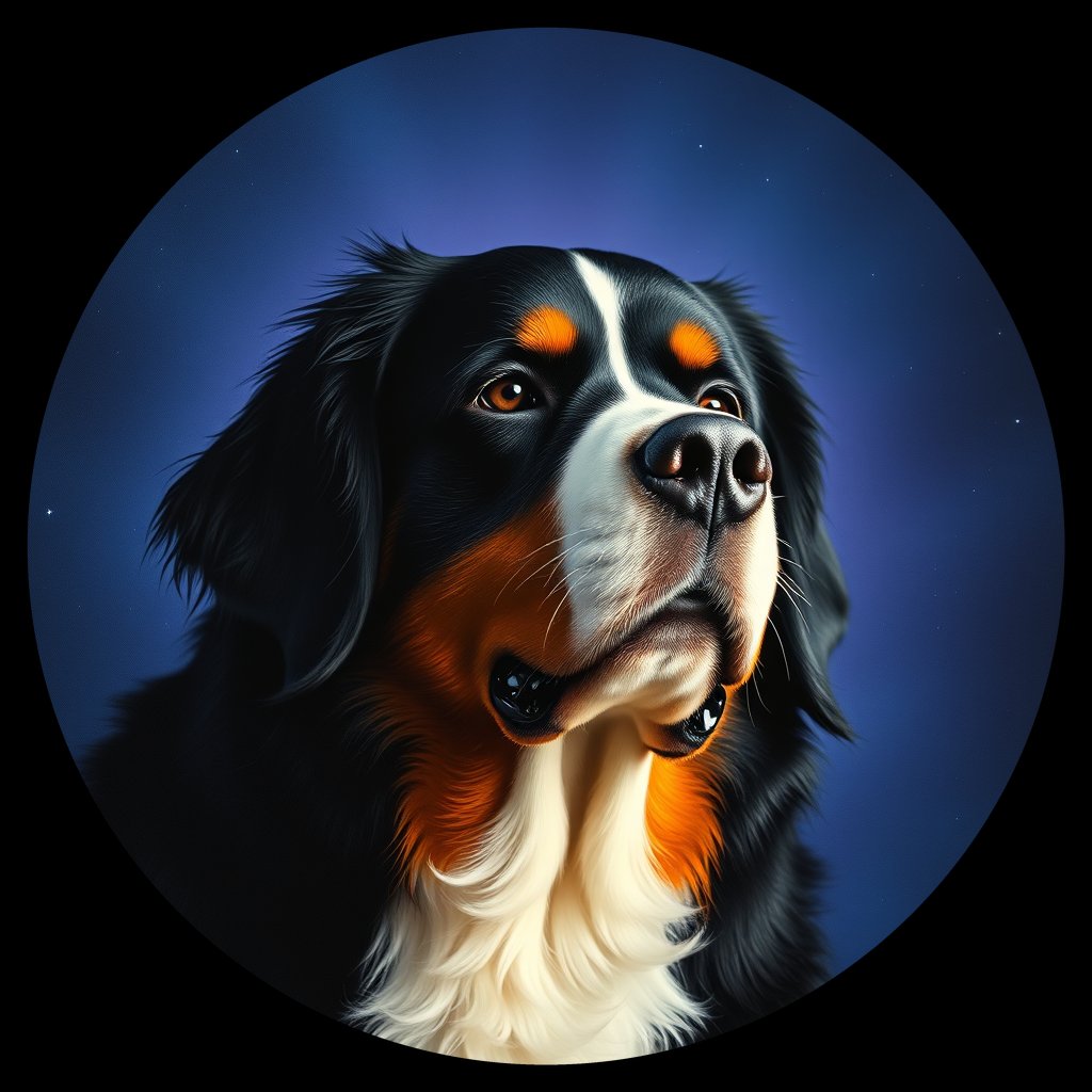 Cosmic medallion portrait of Bernese_Mountain_Dog_7529, a Bernese Mountain Dog