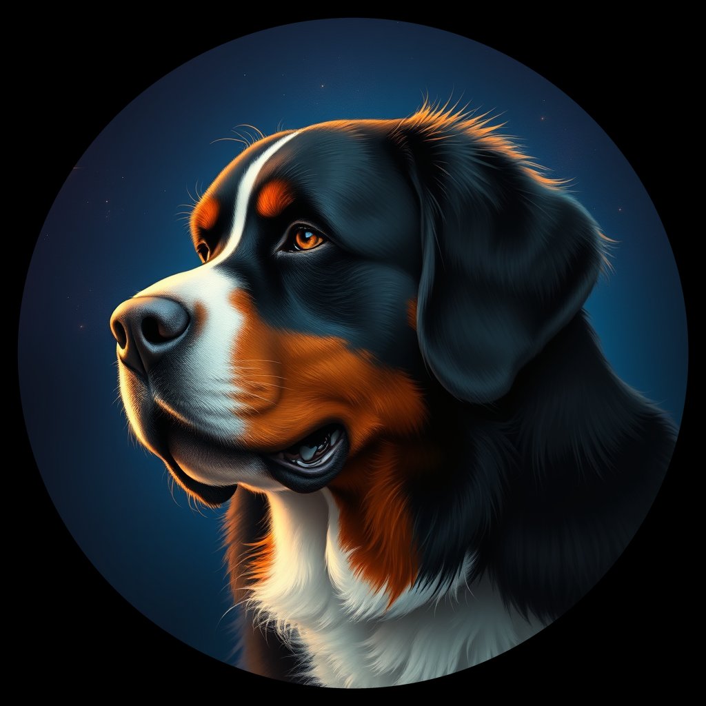 Cosmic medallion portrait of Bernese_Mountain_Dog_7531, a Bernese Mountain Dog