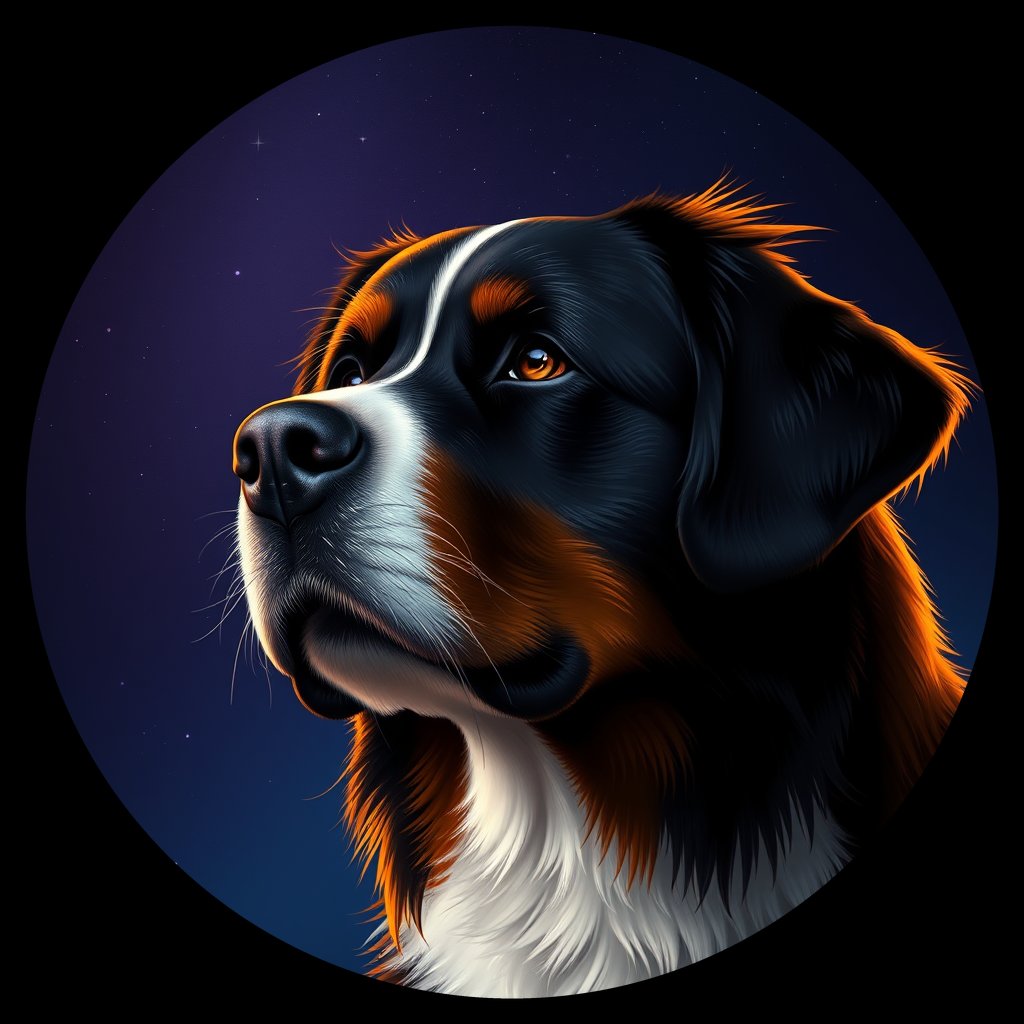Cosmic medallion portrait of Bernese_Mountain_Dog_7626, a Bernese Mountain Dog