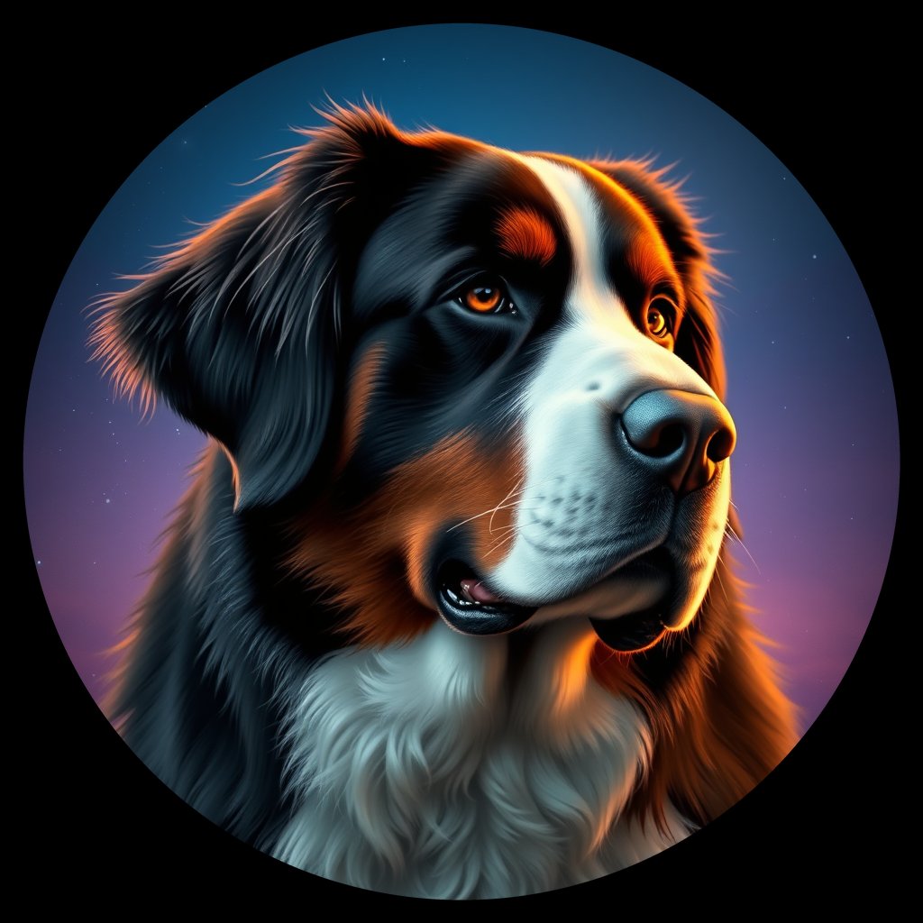 Cosmic medallion portrait of Bernese_Mountain_Dog_7631, a Bernese Mountain Dog