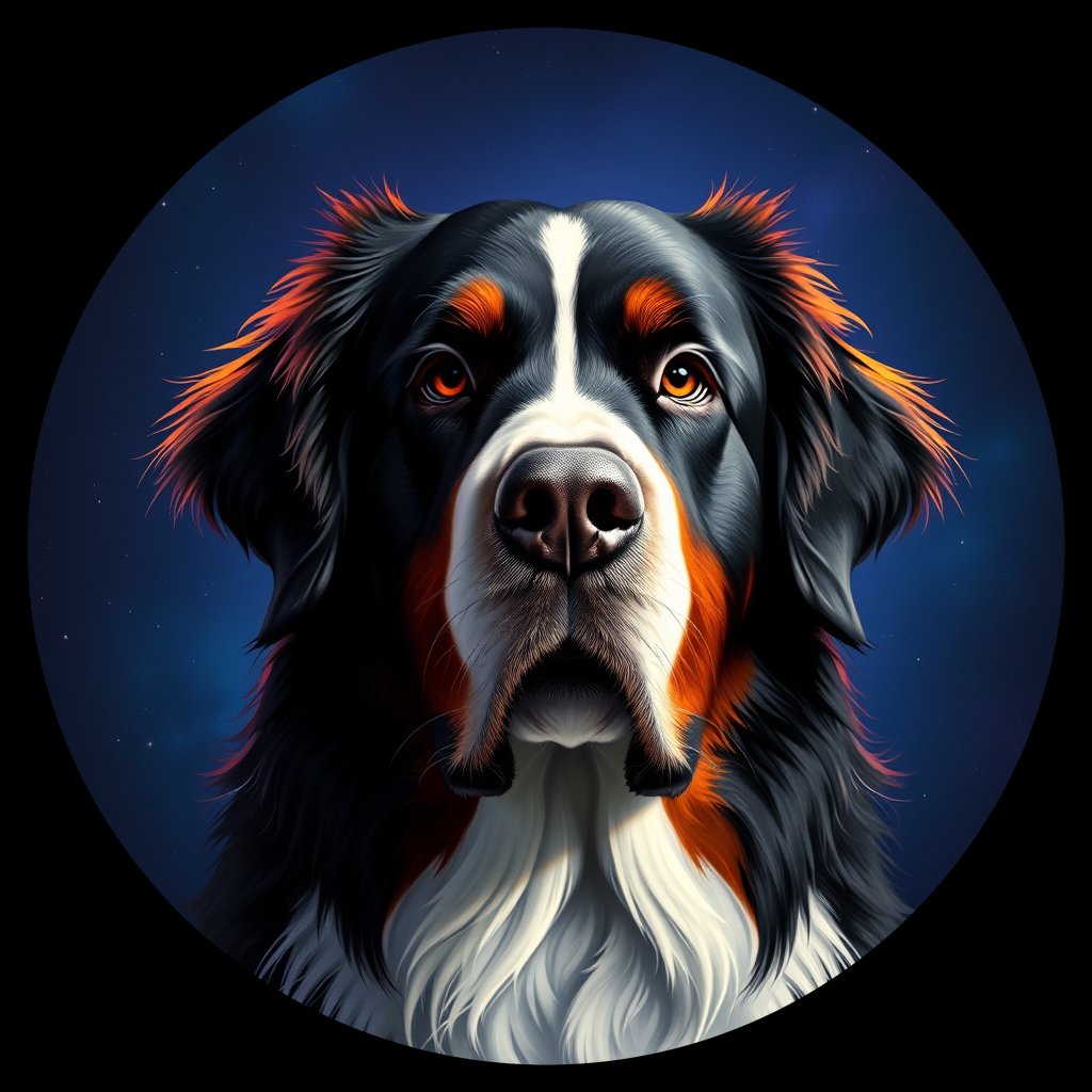 Cosmic medallion portrait of Bernese_Mountain_Dog_7668, a Bernese Mountain Dog