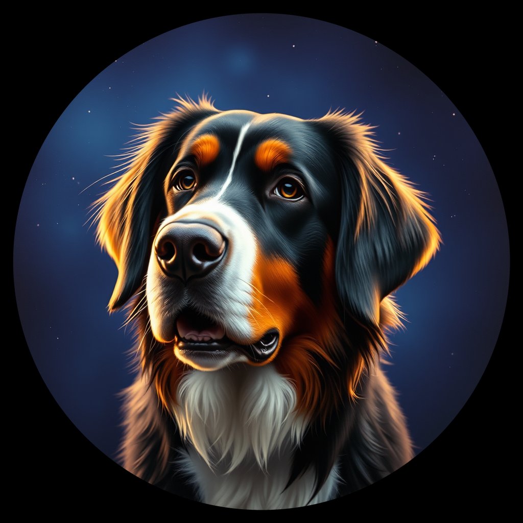 Cosmic medallion portrait of Bernese_Mountain_Dog_7674, a Bernese Mountain Dog