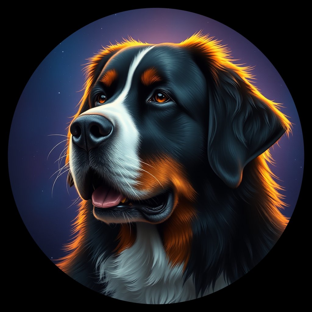 Cosmic medallion portrait of Bernese_Mountain_Dog_7775, a Bernese Mountain Dog