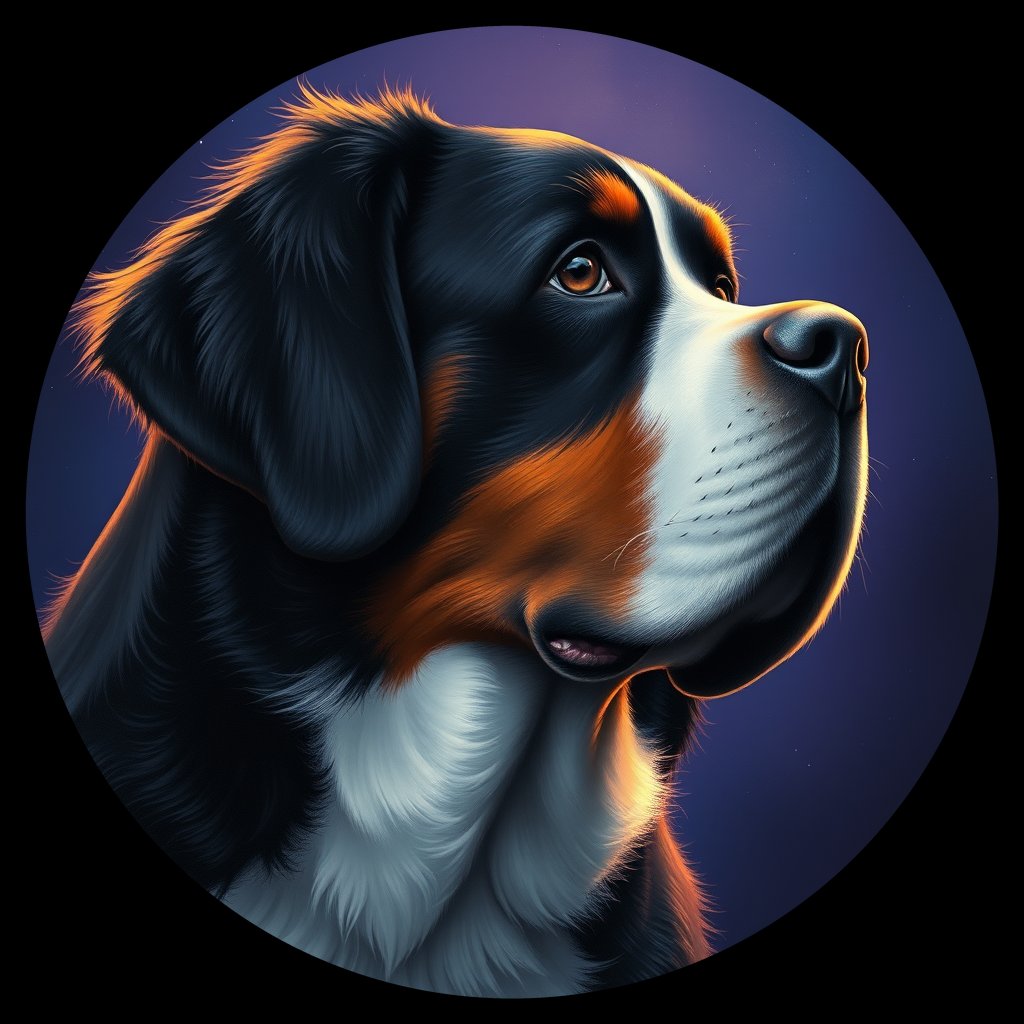 Cosmic medallion portrait of Bernese_Mountain_Dog_7797, a Bernese Mountain Dog