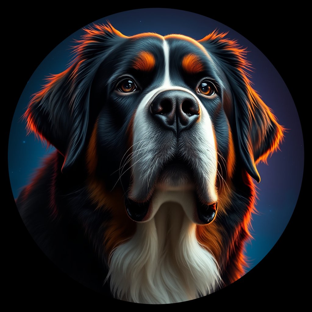 Cosmic medallion portrait of Bernese_Mountain_Dog_7799, a Bernese Mountain Dog