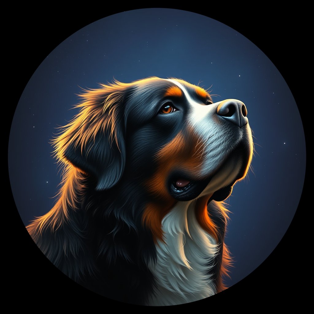 Cosmic medallion portrait of Bernese_Mountain_Dog_8005, a Bernese Mountain Dog