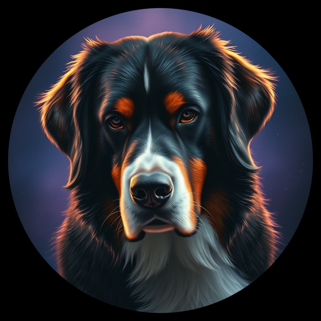 Cosmic medallion portrait of Bernese_Mountain_Dog_8054, a Bernese Mountain Dog