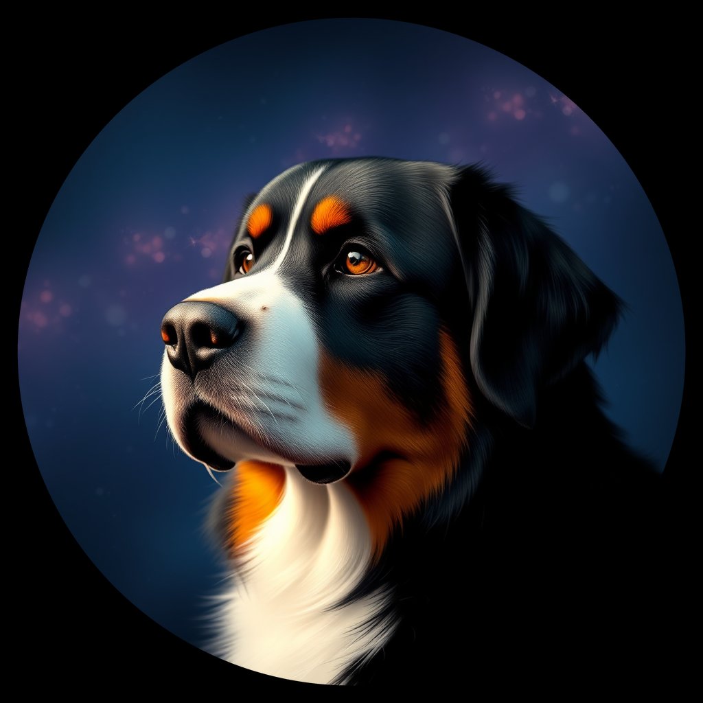 Cosmic medallion portrait of Bernese_Mountain_Dog_8073, a Bernese Mountain Dog