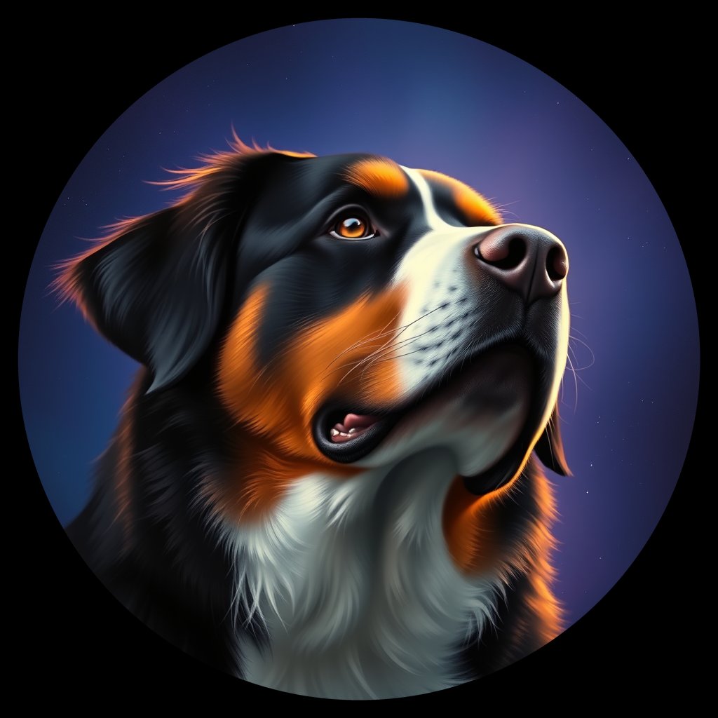 Cosmic medallion portrait of Bernese_Mountain_Dog_8108, a Bernese Mountain Dog