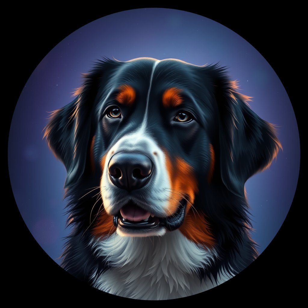 Cosmic medallion portrait of Bernese_Mountain_Dog_8141, a Bernese Mountain Dog
