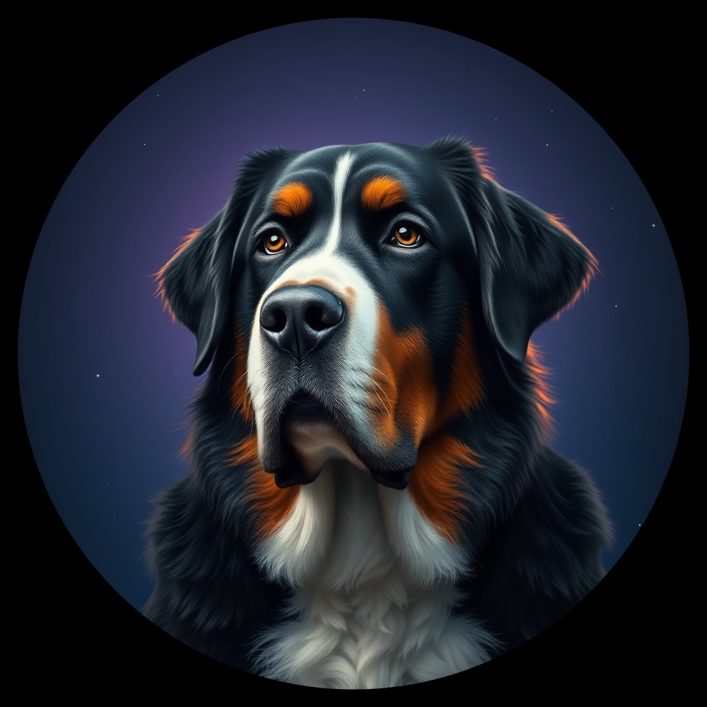 Cosmic medallion portrait of Bernese_Mountain_Dog_8175, a Bernese Mountain Dog