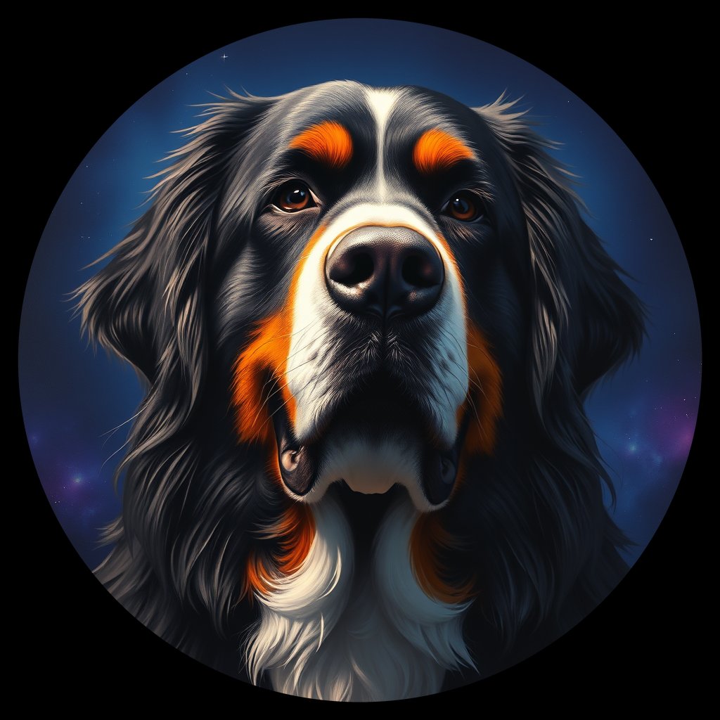 Cosmic medallion portrait of Bernese_Mountain_Dog_8303, a Bernese Mountain Dog