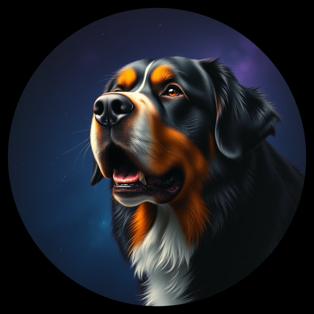 Cosmic medallion portrait of Bernese_Mountain_Dog_8360, a Bernese Mountain Dog