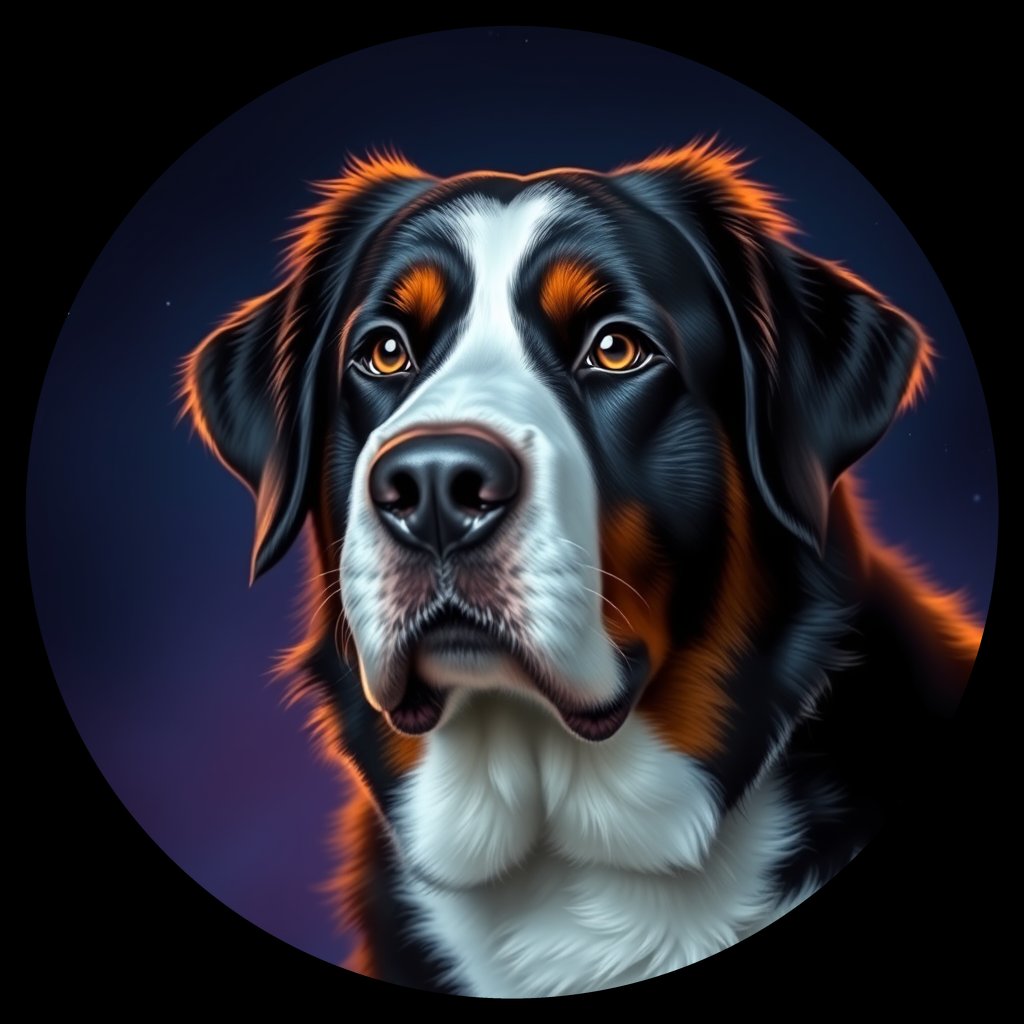 Cosmic medallion portrait of Bernese_Mountain_Dog_8366, a Bernese Mountain Dog