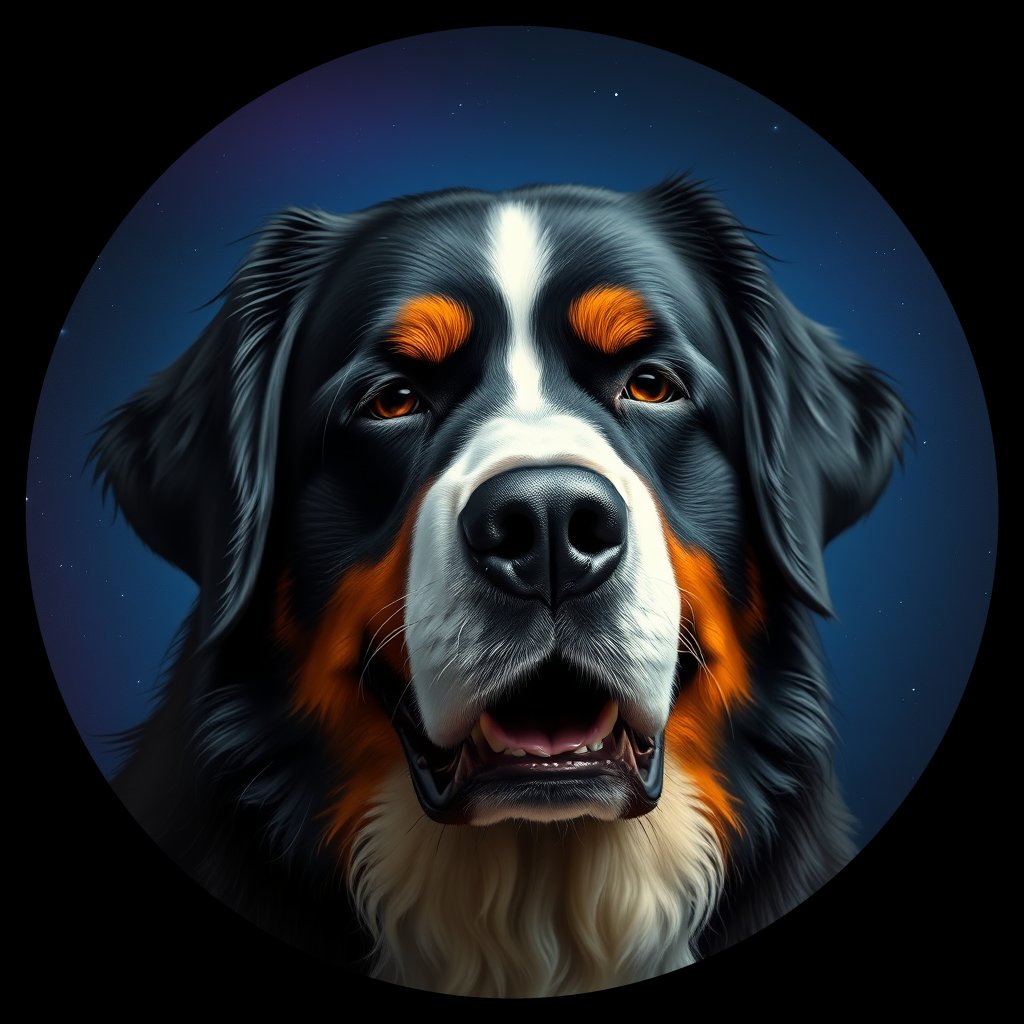 Cosmic medallion portrait of Bernese_Mountain_Dog_8368, a Bernese Mountain Dog