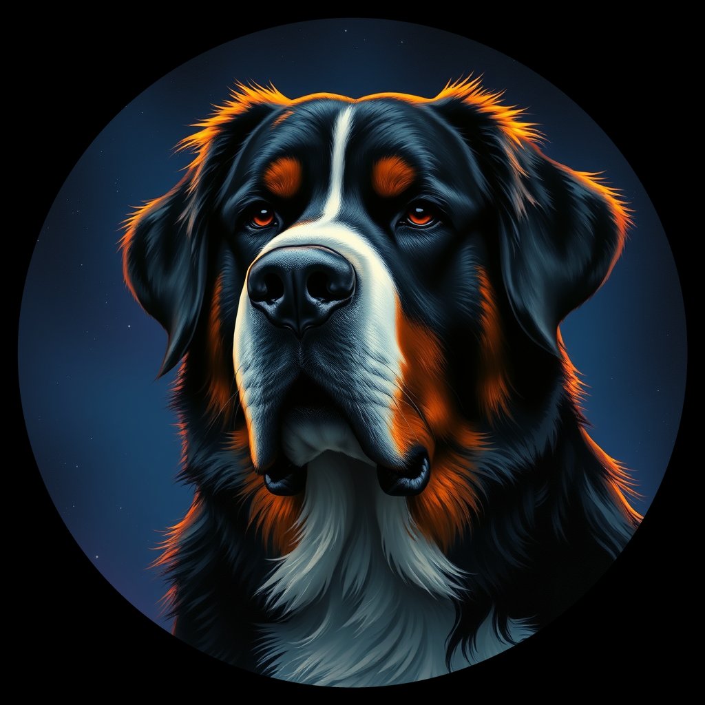 Cosmic medallion portrait of Bernese_Mountain_Dog_8452, a Bernese Mountain Dog