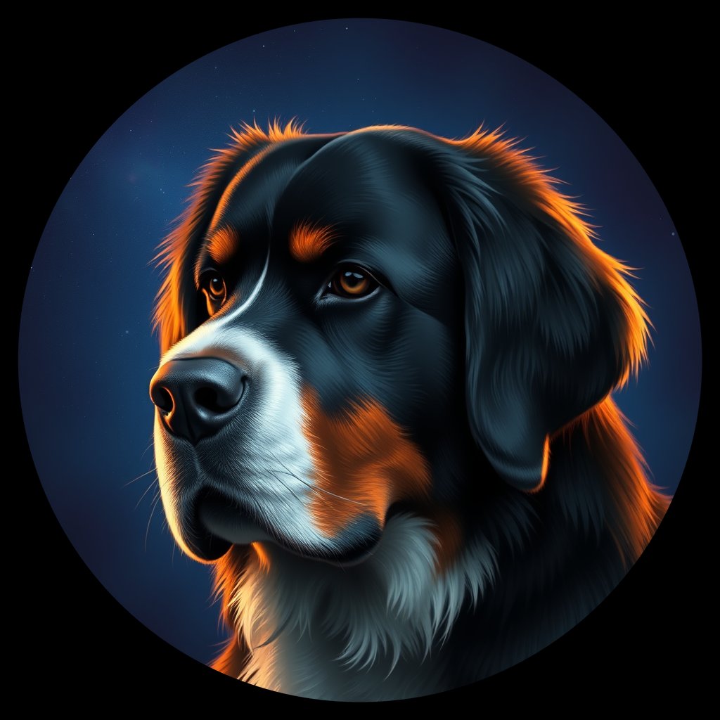 Cosmic medallion portrait of Bernese_Mountain_Dog_8460, a Bernese Mountain Dog