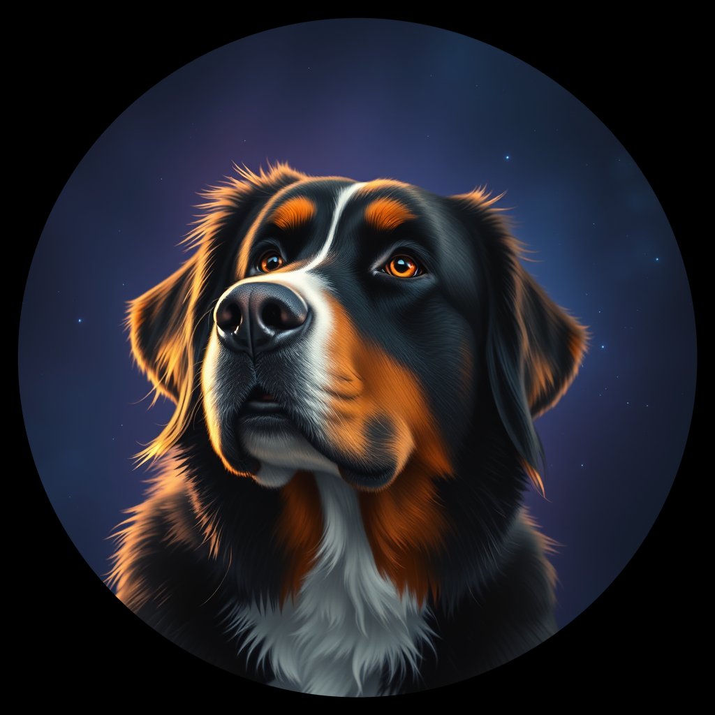 Cosmic medallion portrait of Bernese_Mountain_Dog_8516, a Bernese Mountain Dog