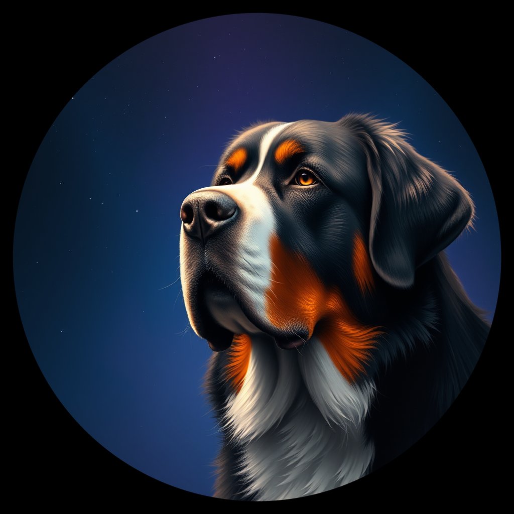 Cosmic medallion portrait of Bernese_Mountain_Dog_8710, a Bernese Mountain Dog