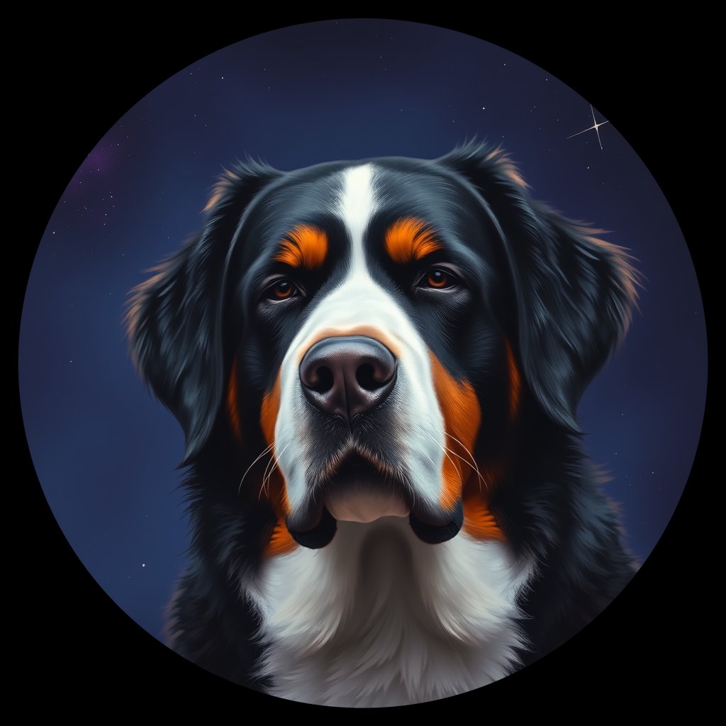 Cosmic medallion portrait of Bernese_Mountain_Dog_8713, a Bernese Mountain Dog
