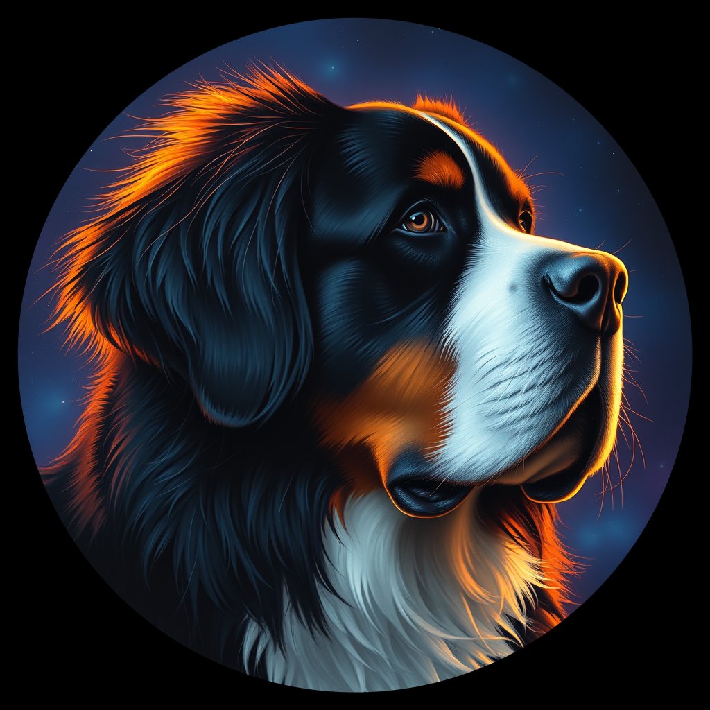 Cosmic medallion portrait of Bernese_Mountain_Dog_8787, a Bernese Mountain Dog
